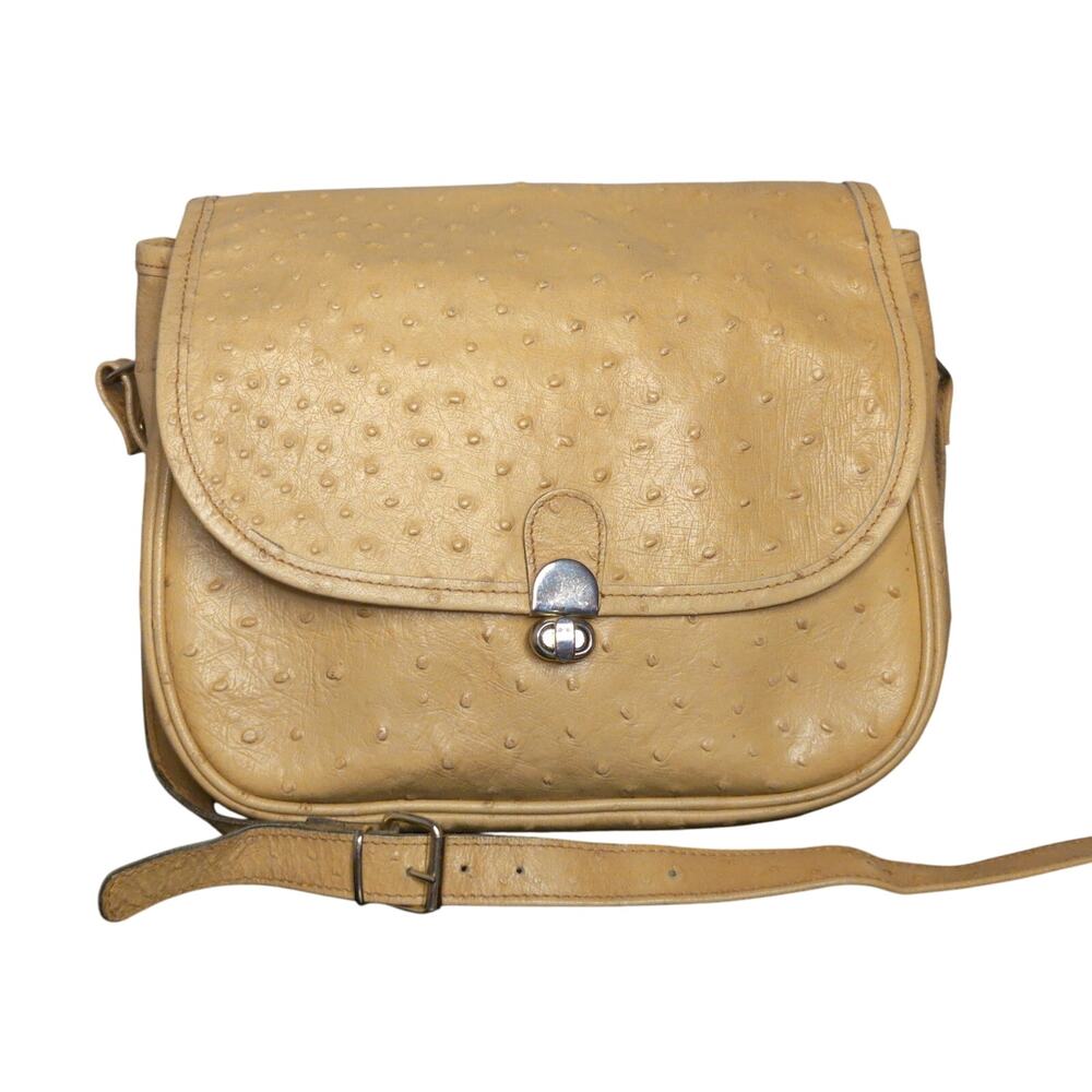 Vintage Ostrich Embossed Leather Crossbody Bag Tan Yellow Saddle Minimalist